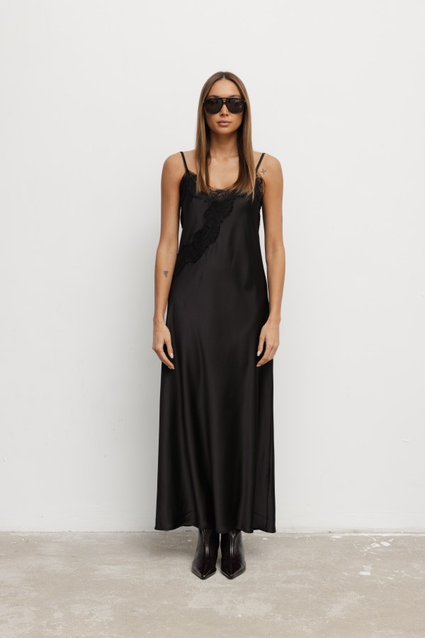 Corinne Satin Lace Dress Black