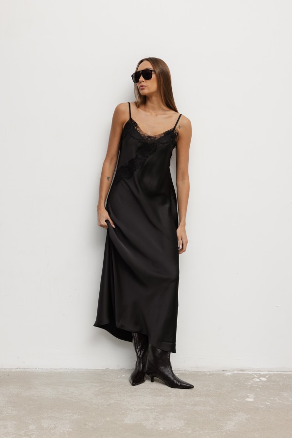Corinne Satin Lace Dress Black