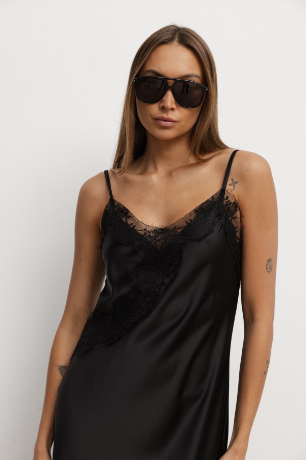 Corinne Satin Lace Dress Black