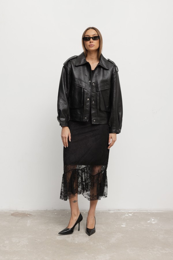 WH070 Kurtka Z Eko Skóry Czarna