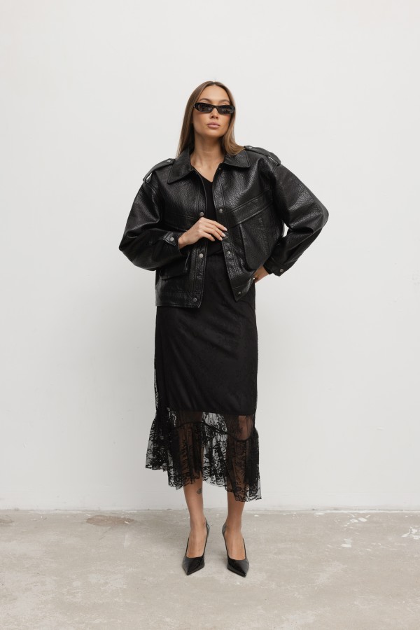 WH070 Kurtka Z Eko Skóry Czarna