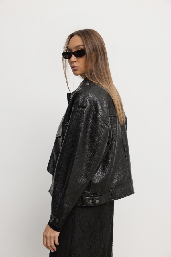 WH070 Kurtka Z Eko Skóry Czarna