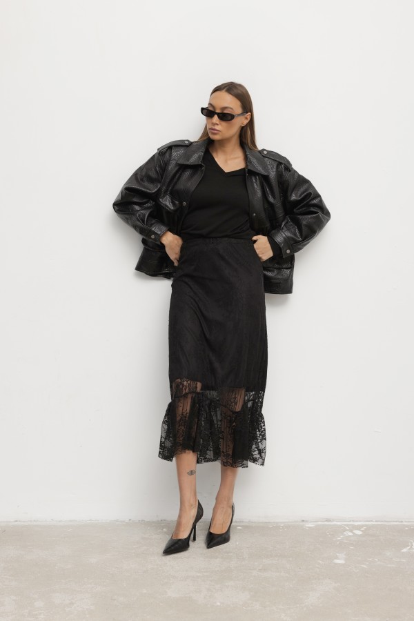 WH070 Kurtka Z Eko Skóry Czarna