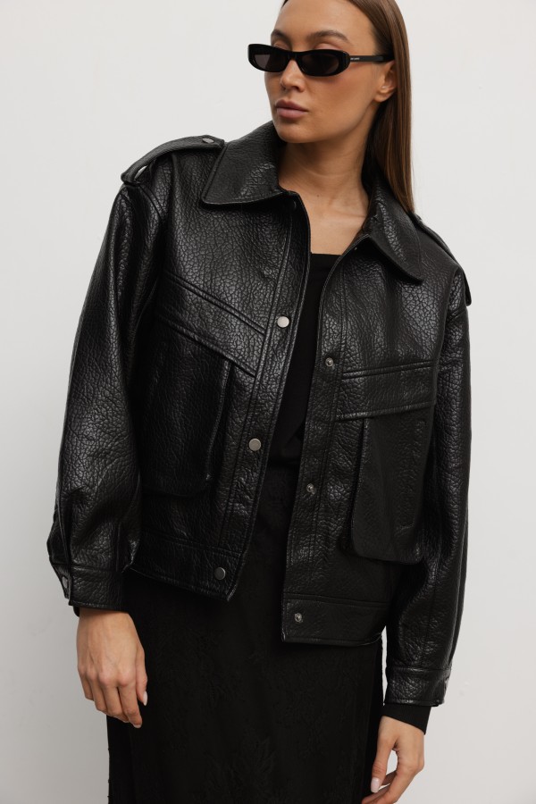 WH070 Kurtka Z Eko Skóry Czarna