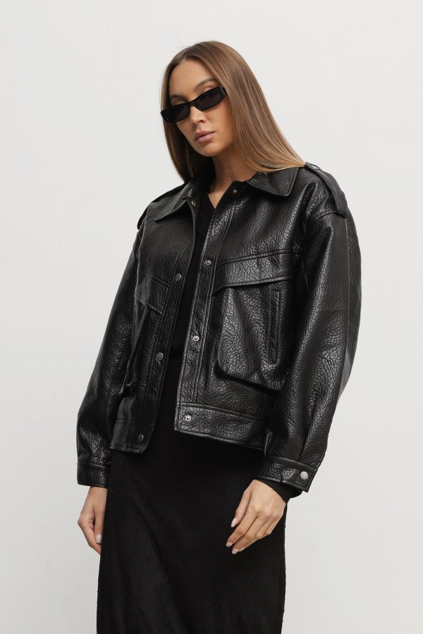 WH070 Kurtka Z Eko Skóry Czarna