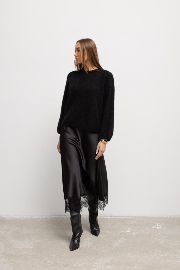 Sylvia Satin Skirt with Lace Black