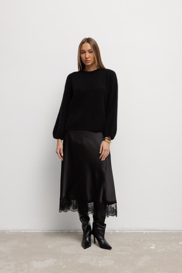 Sylvia Satin Skirt with Lace Black