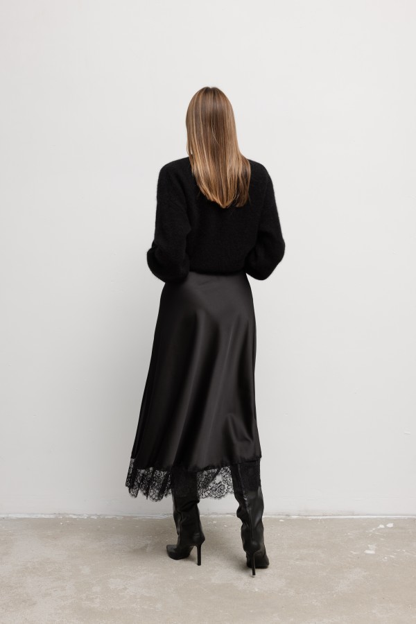 Sylvia Satin Skirt with Lace Black