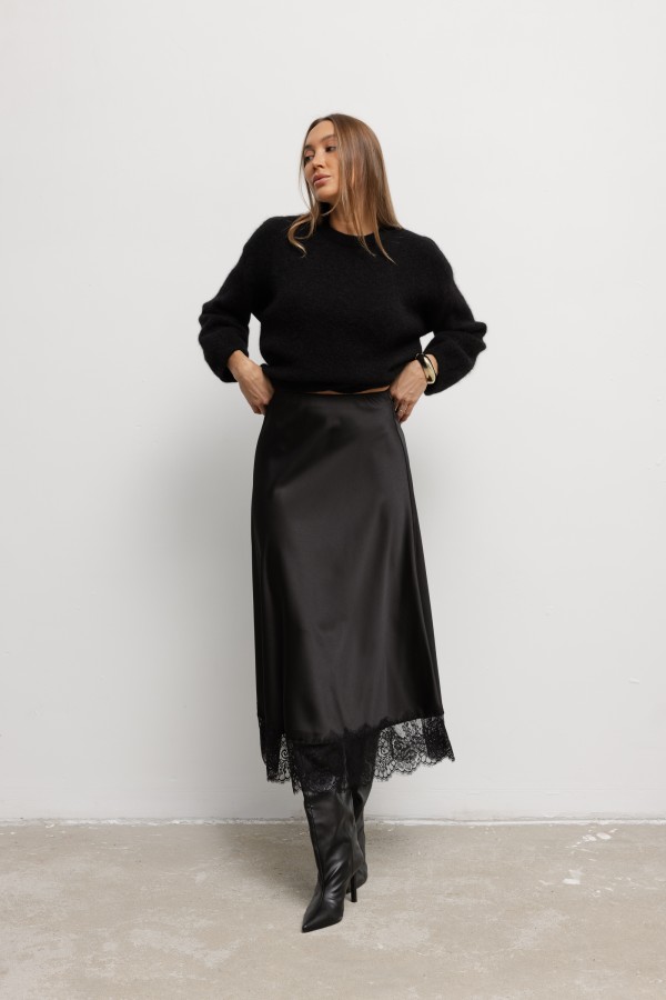 Sylvia Satin Skirt with Lace Black