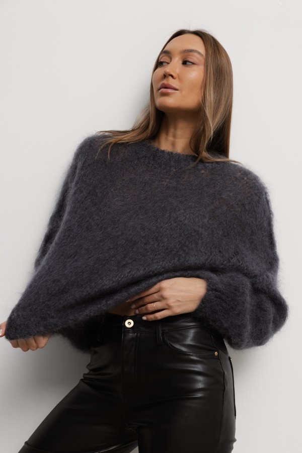 Brandon Sweter Moherowy O Luźnym Splocie Grafit