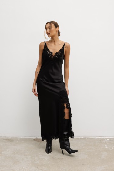 Paloma Satin Lace Dress Black