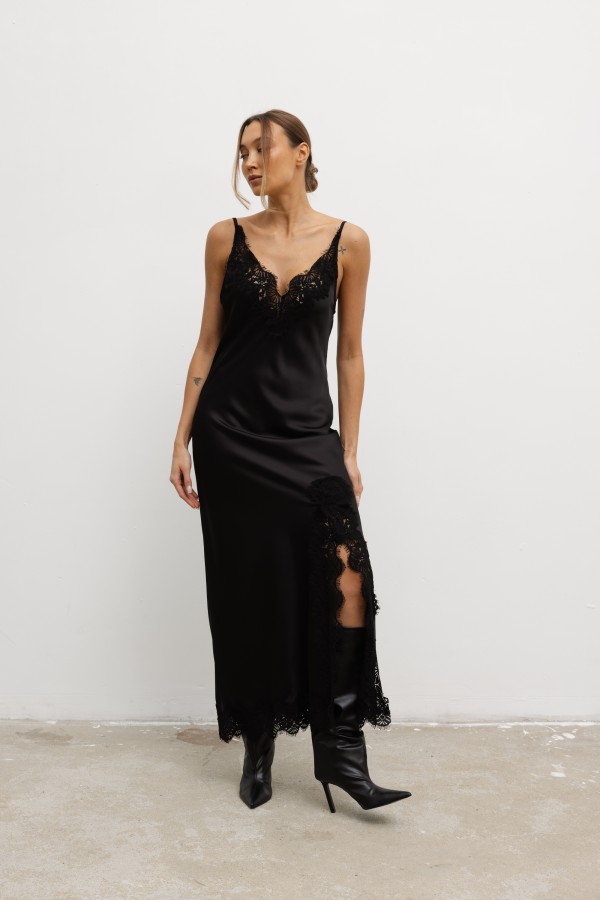 Paloma Satin Lace Dress Black