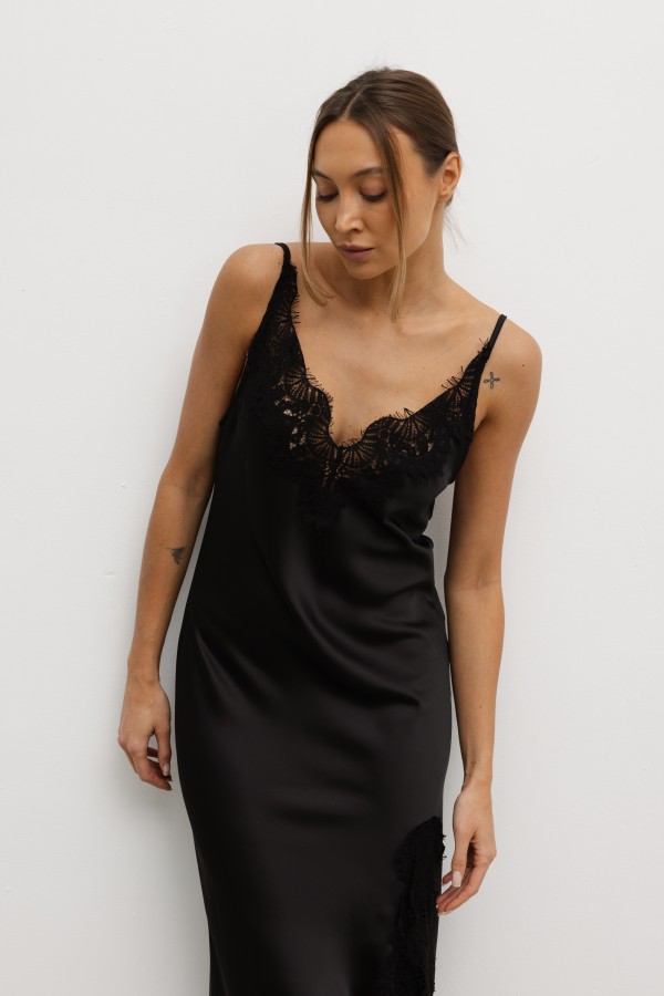 Paloma Satin Lace Dress Black