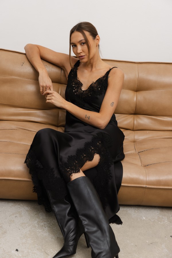 Paloma Satin Lace Dress Black