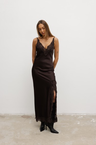 Paloma Satin Lace Dress Brown