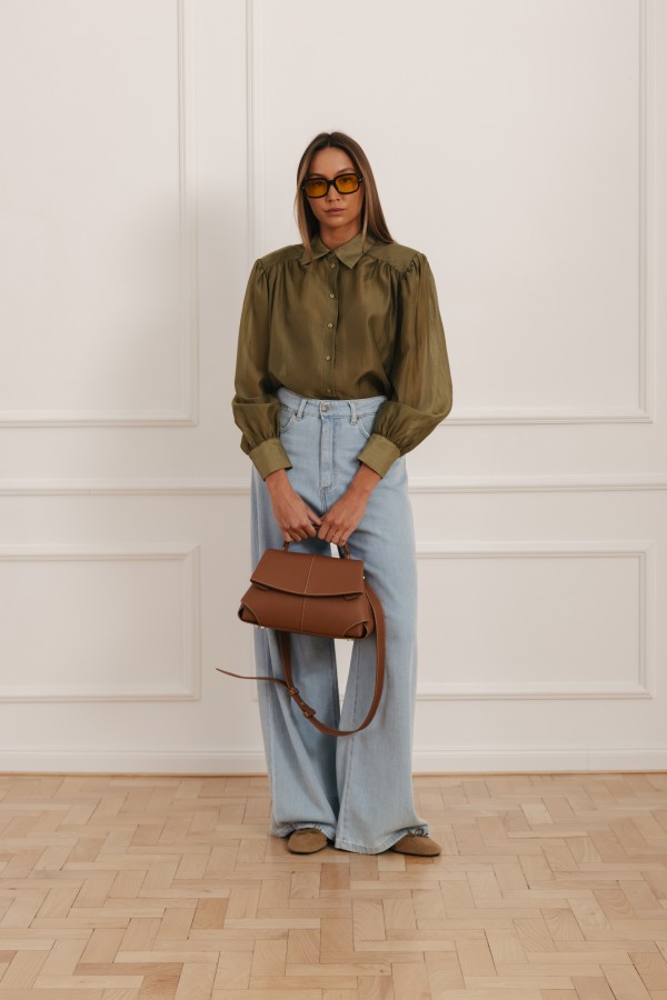 Leather Flap Bag with Handle Camel