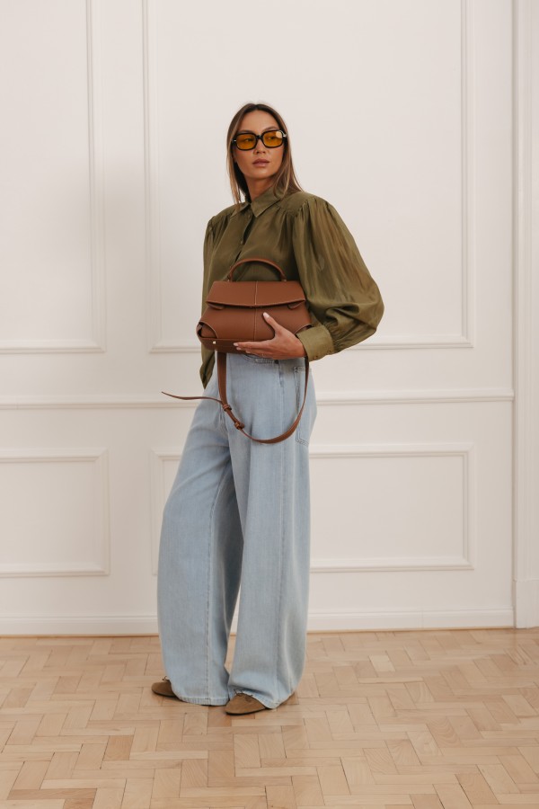 Leather Flap Bag with Handle Camel