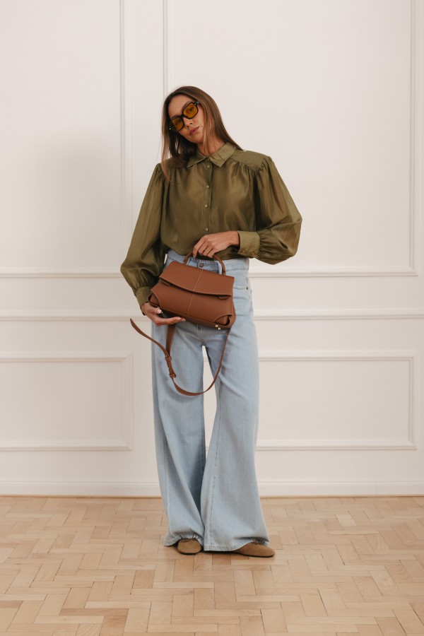 Leather Flap Bag with Handle Camel