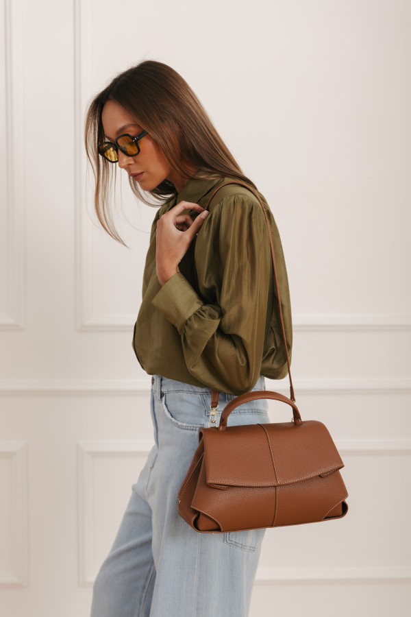 Leather Flap Bag with Handle Camel