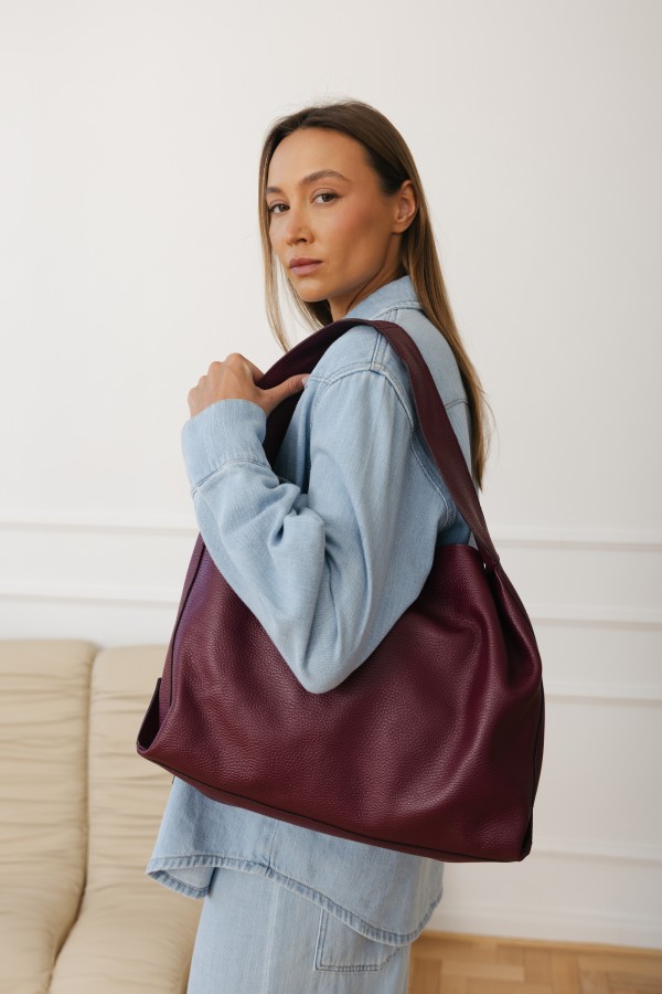 Duża Skórzana Torebka Na Ramię Wine