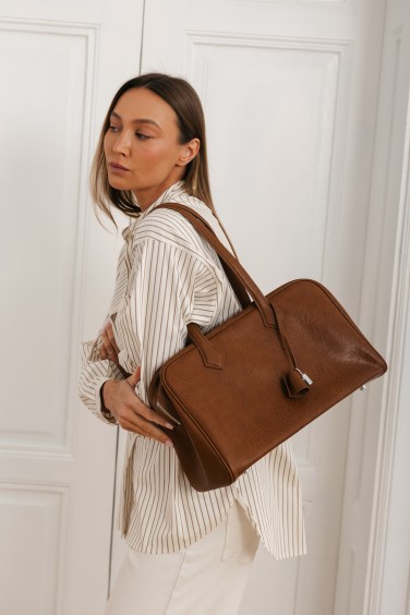 Camel Leather Bowler Bag