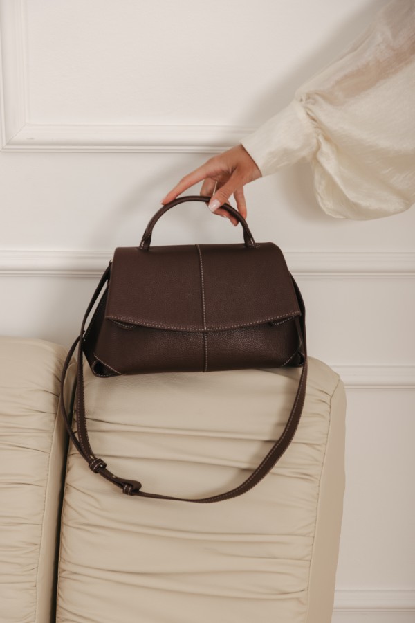 Skórzana Torebka Z Klapą i Rączką Brązowa