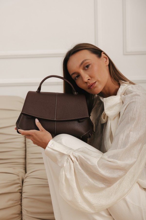 Skórzana Torebka Z Klapą i Rączką Brązowa