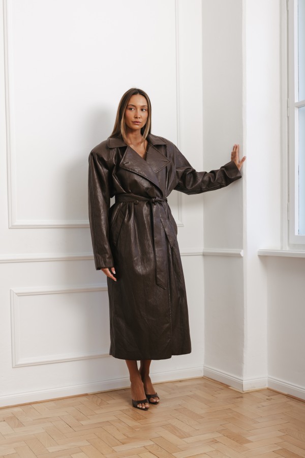 LD5066 Płaszcz Z Eko Skóry Brązowy