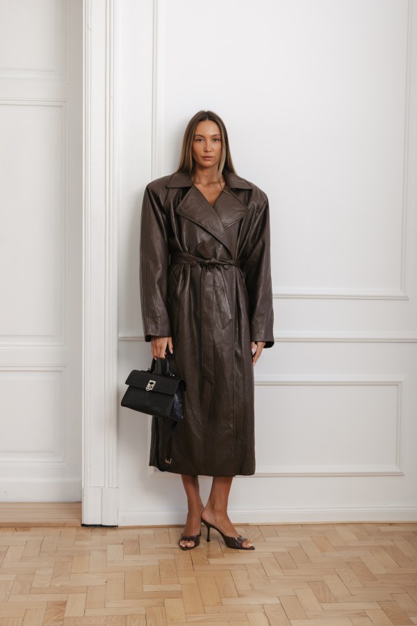 Embossed Leather Bag with Metal Clasp Brown