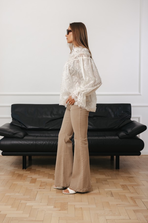 Q194 Spodnie Jeansowe Flare Beige