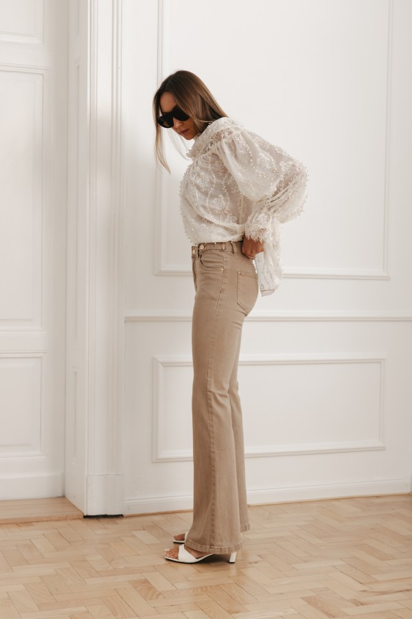 Q194 Spodnie Jeansowe Flare Beige
