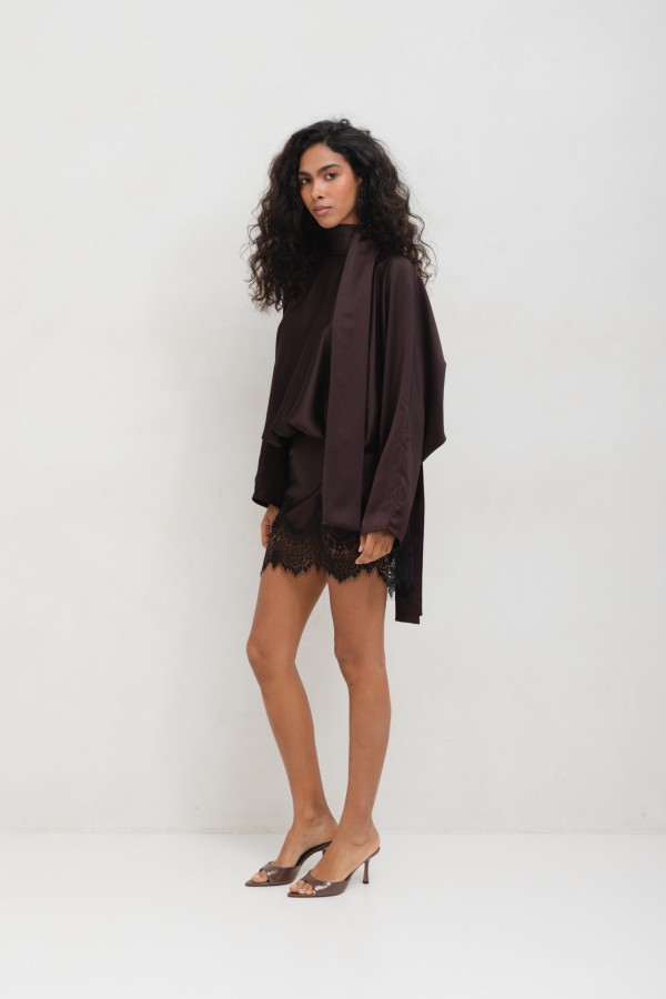 Aurelia Sukienka Satynowa Z Koronką Brązowa