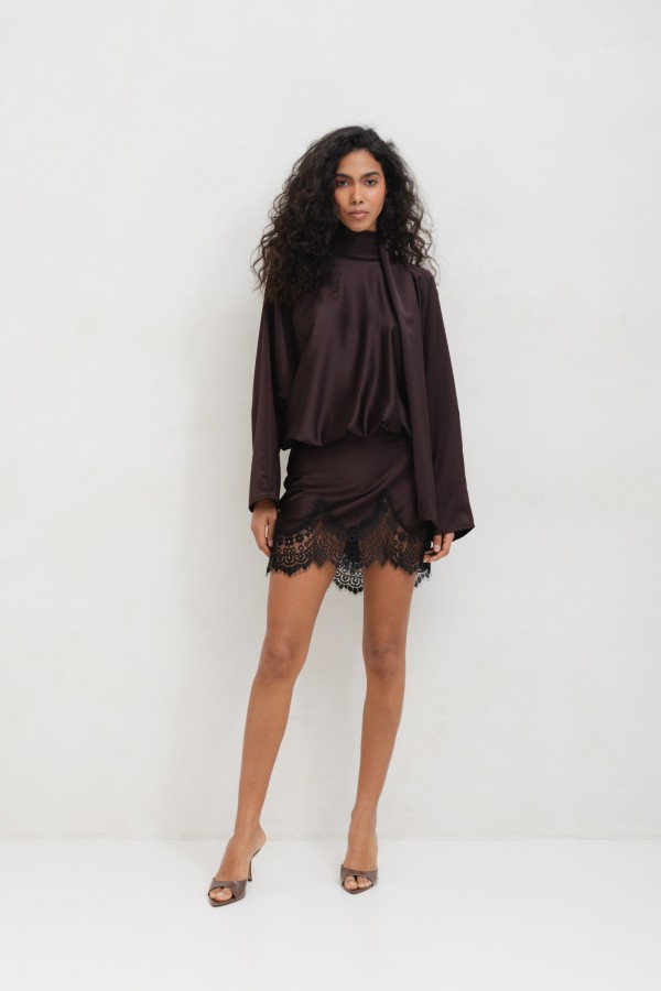 Aurelia Sukienka Satynowa Z Koronką Brązowa