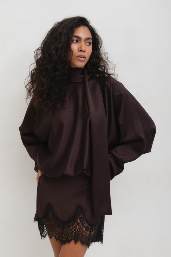 Aurelia Sukienka Satynowa Z Koronką Brązowa