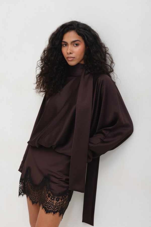 Aurelia Sukienka Satynowa Z Koronką Brązowa