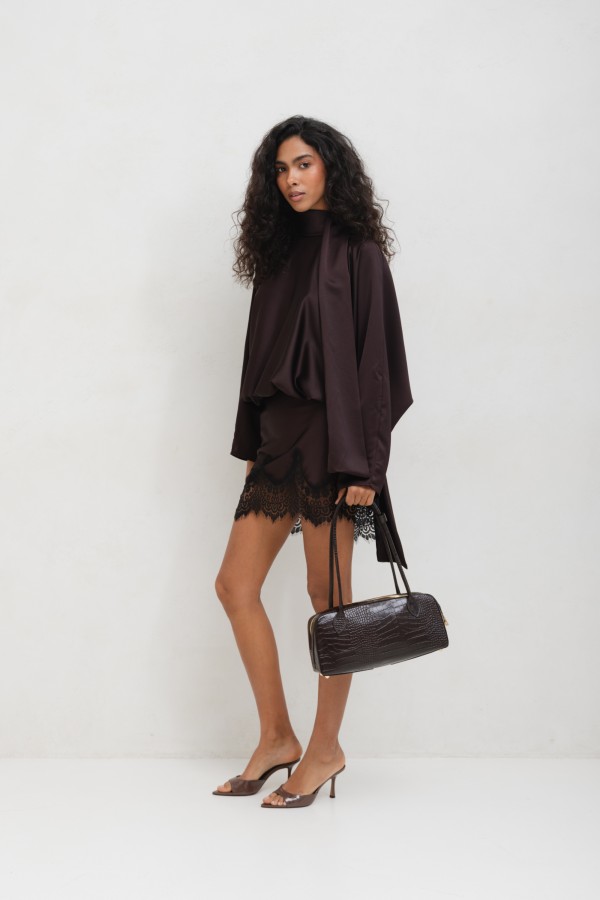 Aurelia Sukienka Satynowa Z Koronką Brązowa