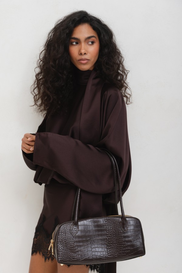 Aurelia Sukienka Satynowa Z Koronką Brązowa