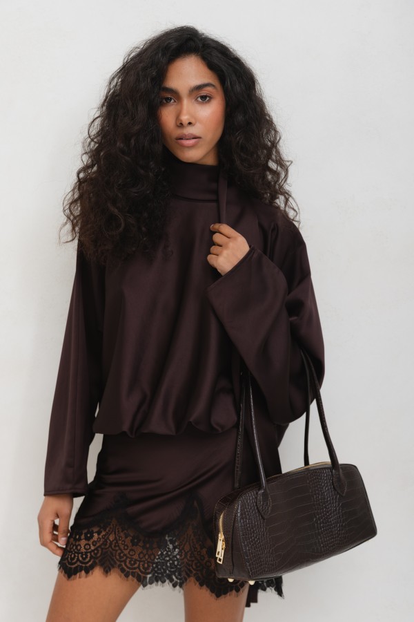 Aurelia Sukienka Satynowa Z Koronką Brązowa