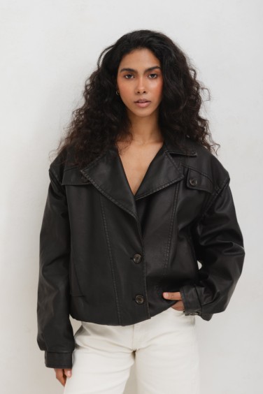 EX70 Kurtka Z Eko Skóry Czarna