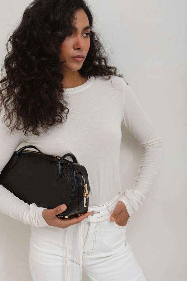 Leather Bowling Bag Croco Black