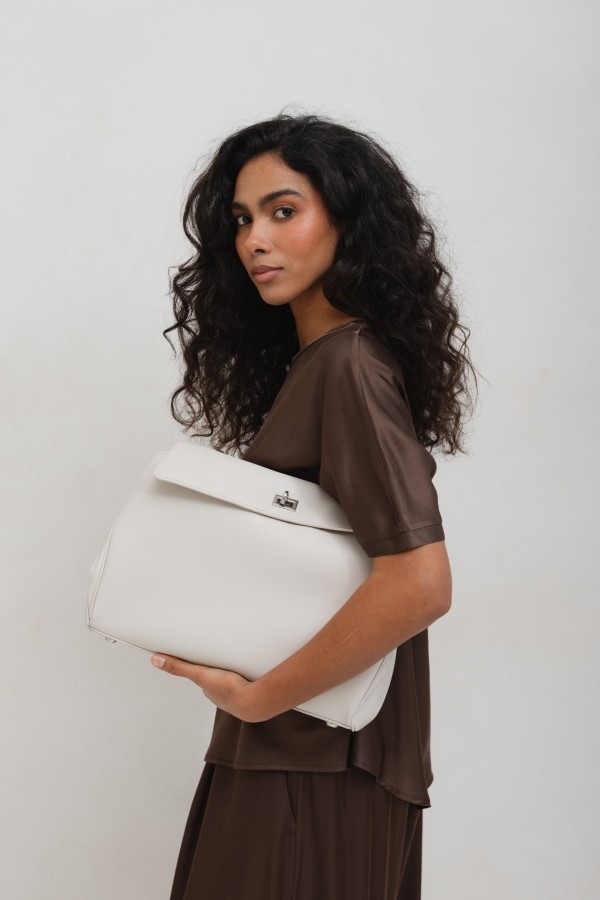 Leather Shopper Bag with Flap Cream