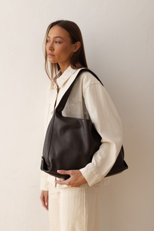 Duża Skórzana Torebka Na Ramię Brown