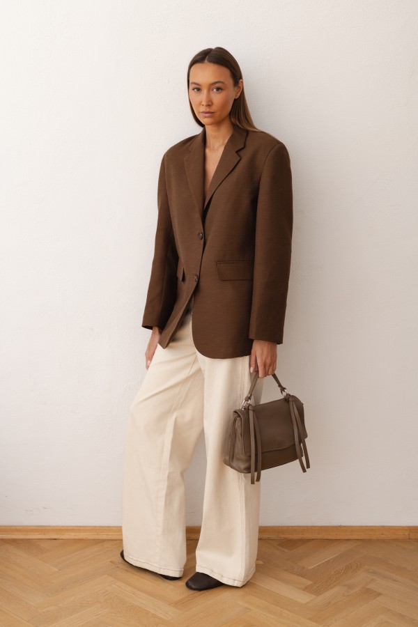 Torebka Skórzana Z Klapą i Ozdobnymi Paskami Mokka