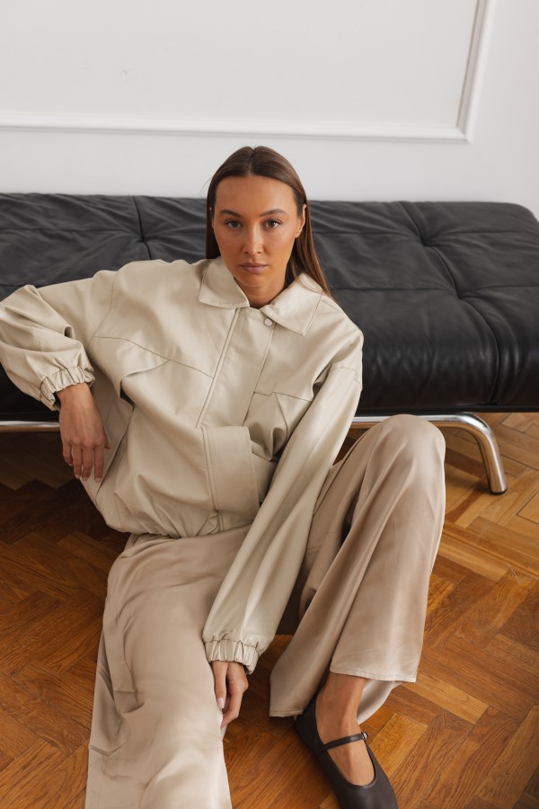 5509 Kurtka Z Eko Skóry Beżowa