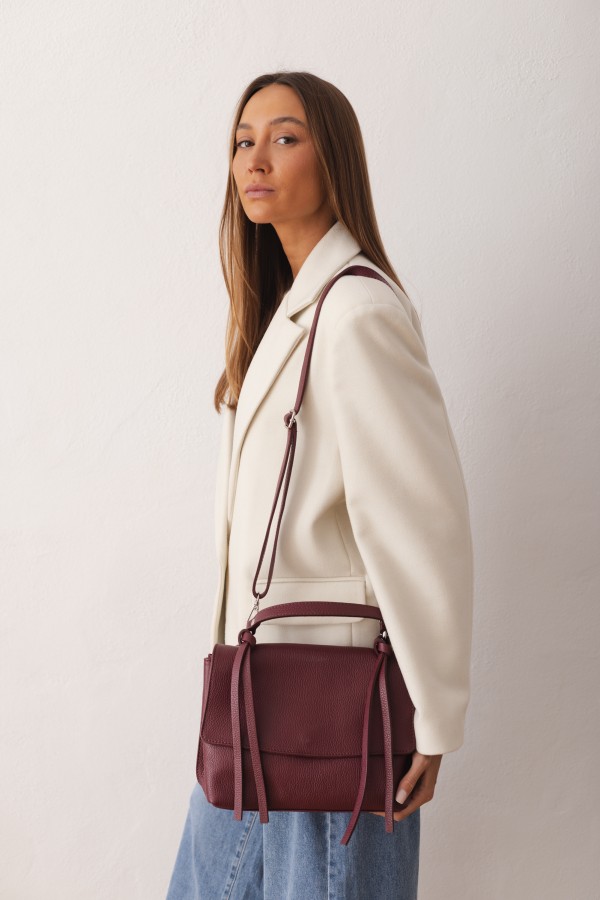 Leather Handbag with Flap and Decorative Straps Wine
