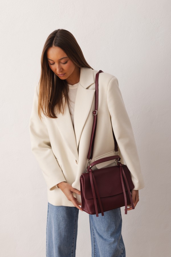 Leather Handbag with Flap and Decorative Straps Wine
