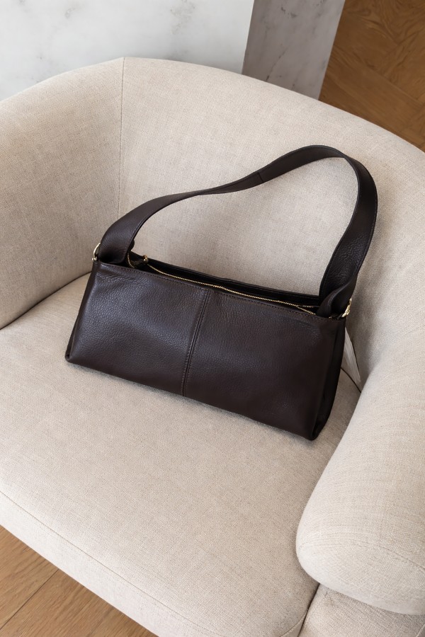 Leather Shoulder Bag with Wide Handle Coffee