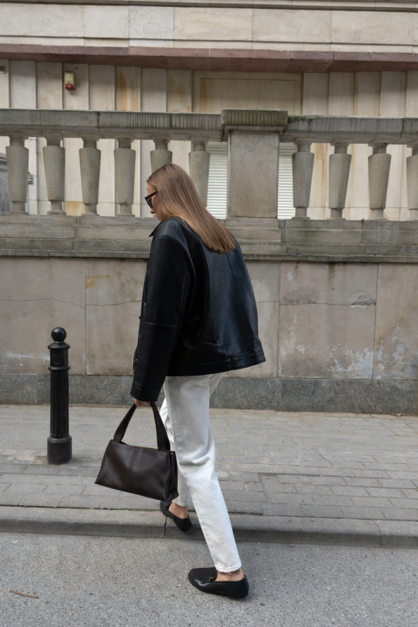 Leather Shoulder Bag with Wide Handle Coffee