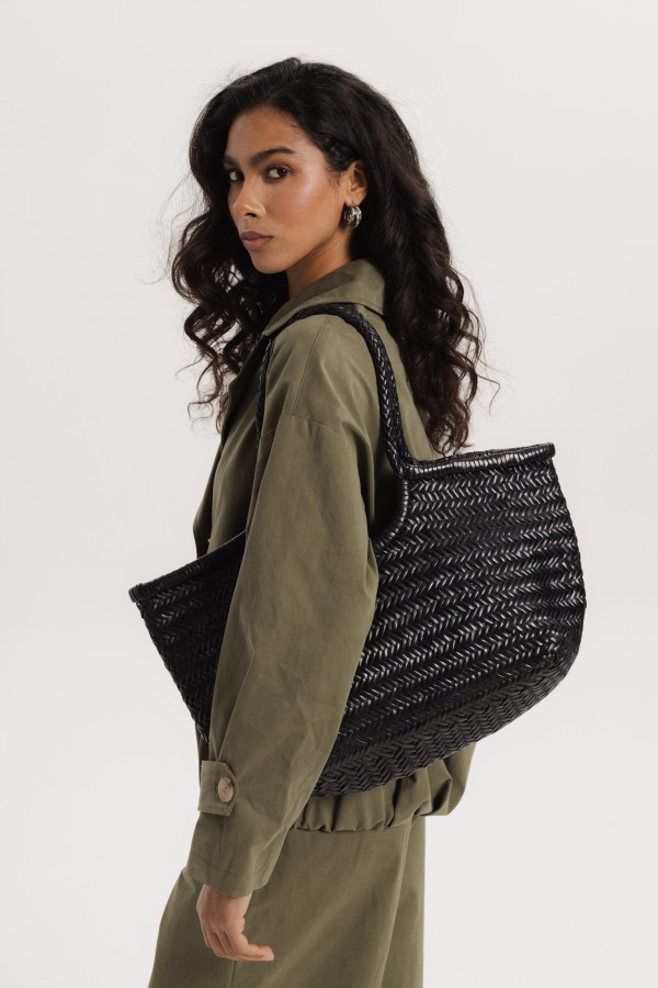 Skórzana Torba Pleciona Shopper Czarna