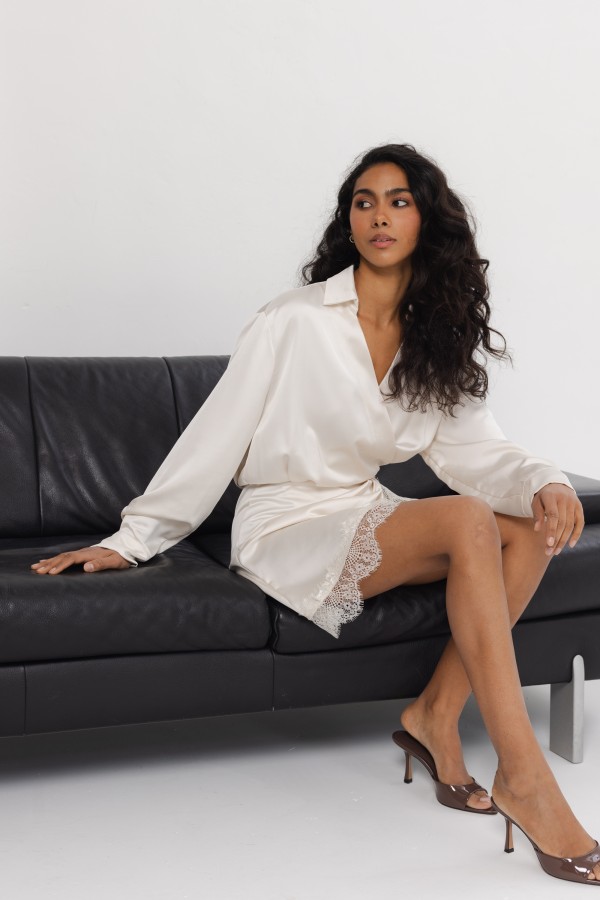 Sonia Satin Dress with Lace Beige